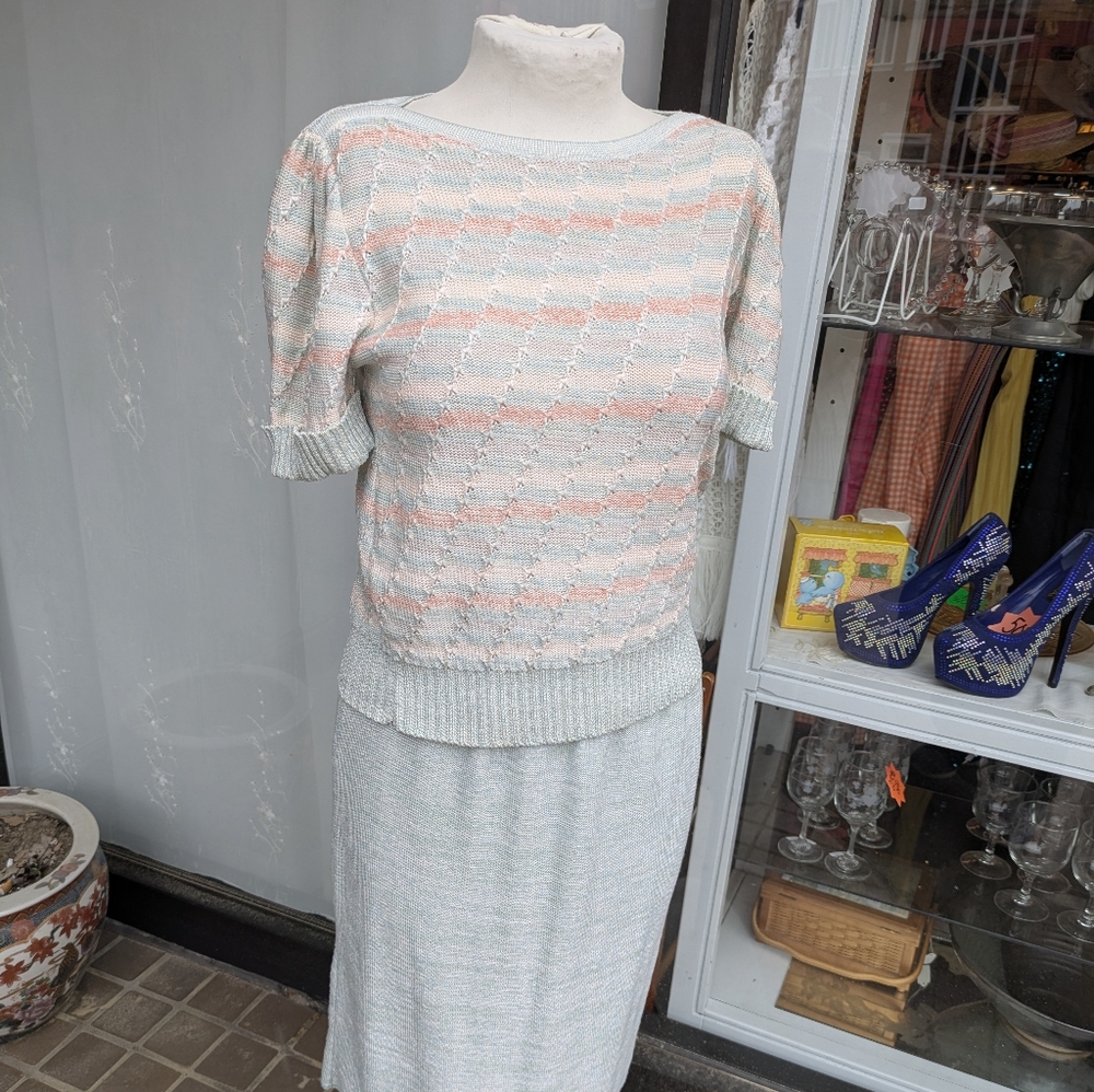 J T Martin Pastel Pink Blue White Knit Top And Skirt Made In USA